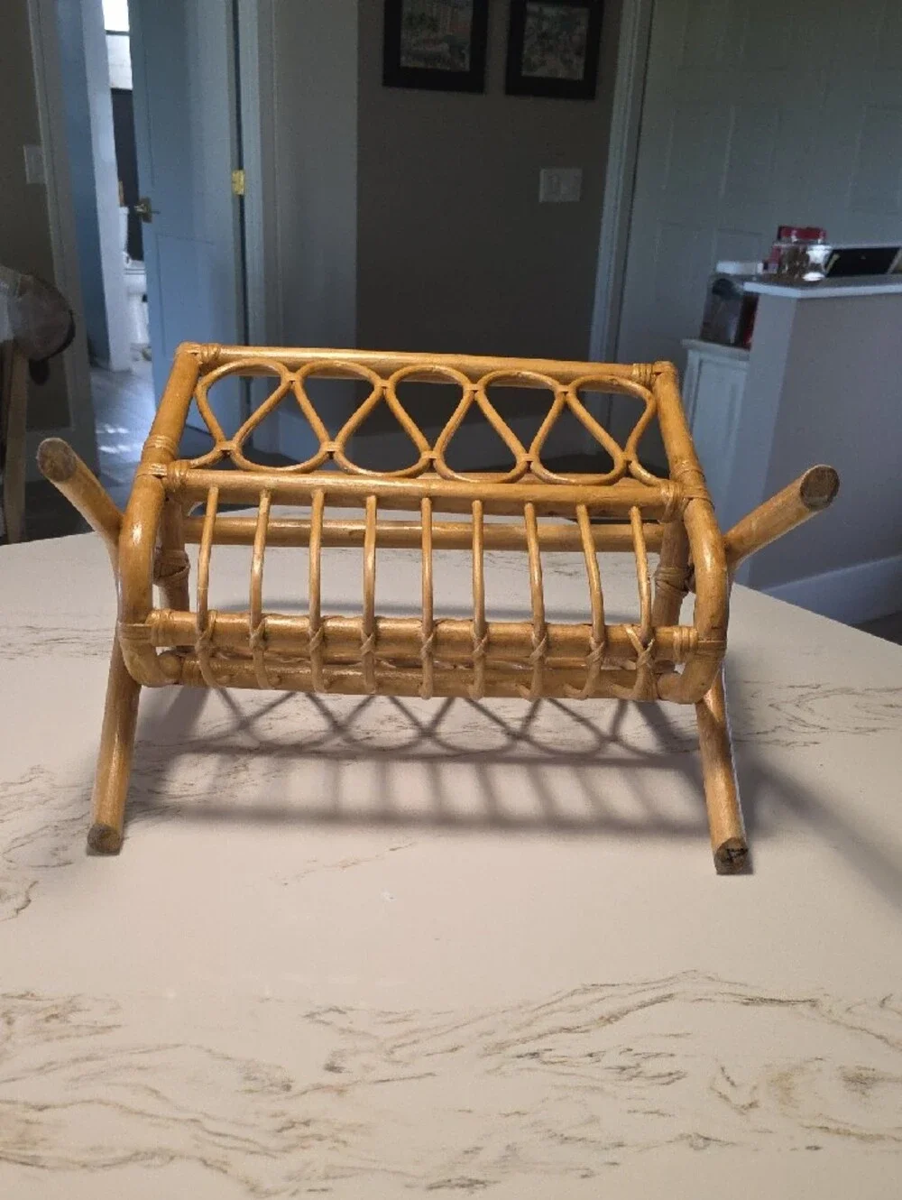 Vintage MCM Deco Natural Rattan Magazine Rack - Light Brown